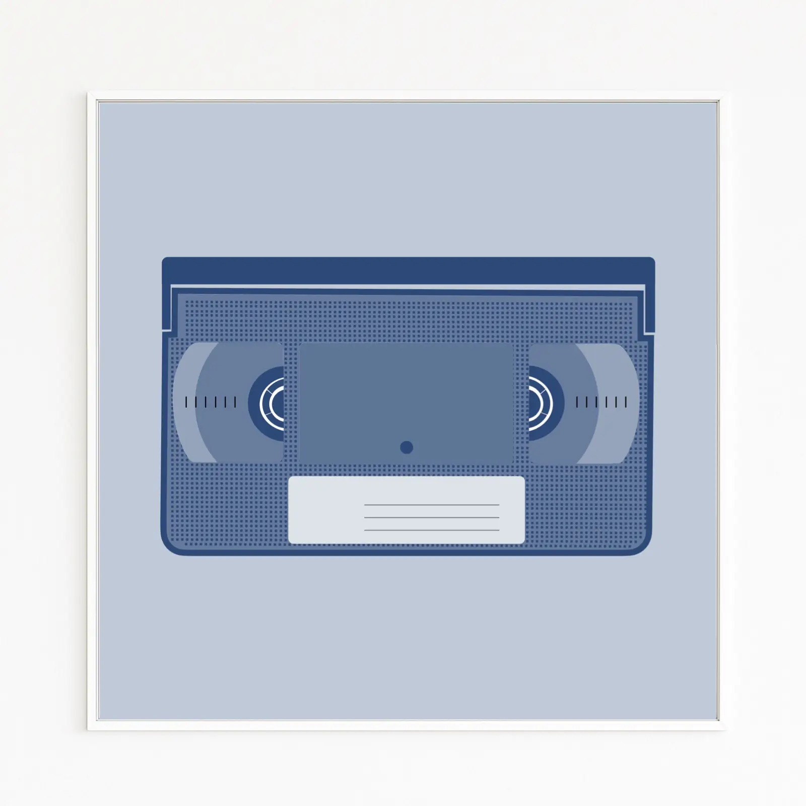 VHS | Stylized blue VHS video cassette in 1990s style | Precisely reduced, modern digital art form | Nostalgia for the video-rental era | Pop culture of video films and VCRs | Available online only