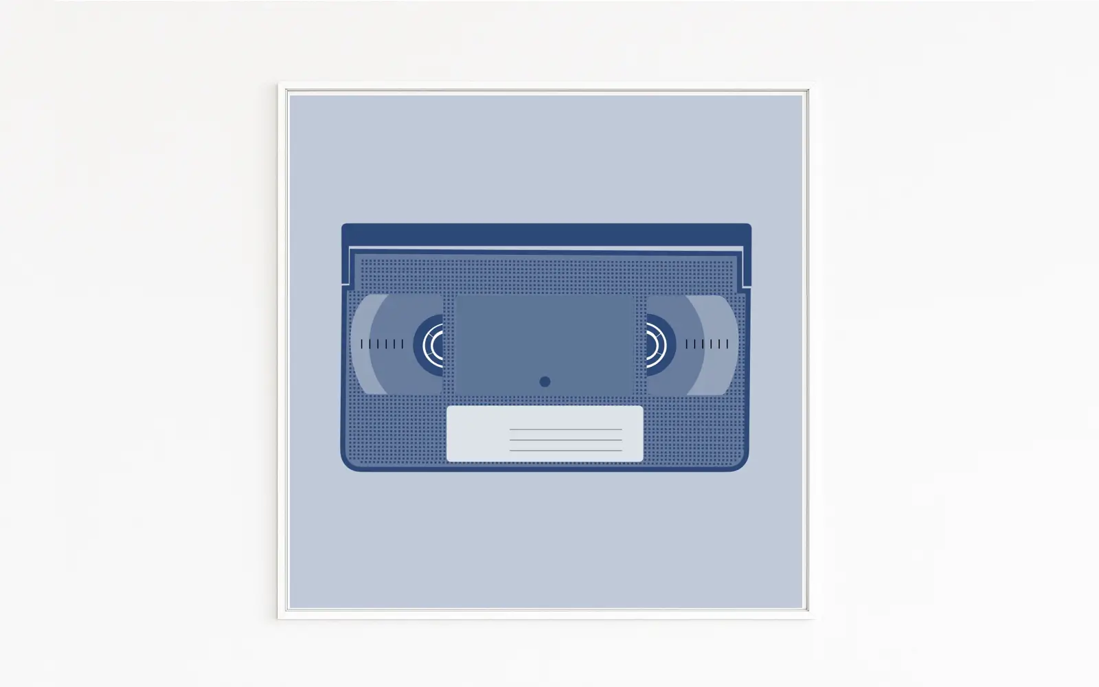 VHS | Stylized blue VHS video cassette in 1990s style | Precisely reduced, modern digital art form | Nostalgia for the video-rental era | Pop culture of video films and VCRs | Available online only