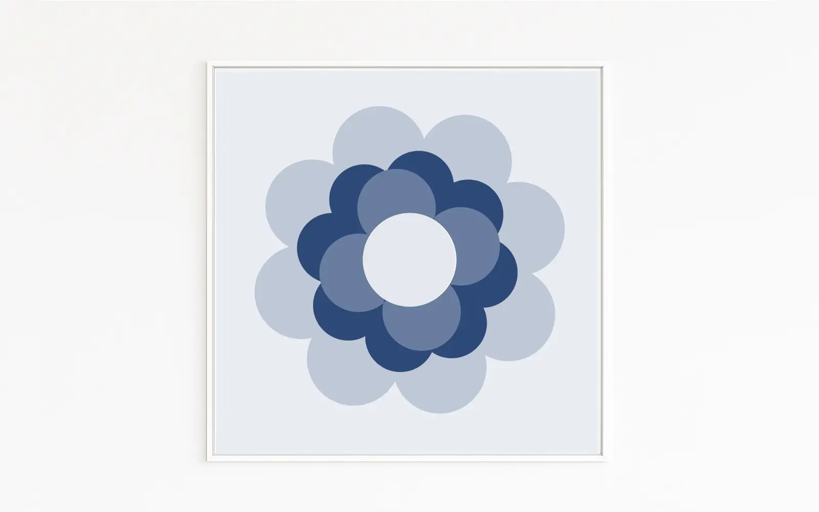 PRIL BLUME | Stilisierte Retro-Blüte der 70er-Jahre | Blume in Blautönen | Spülmittel-Aufkleber | Grafisch reduziert | Sammler, Popkultur, Nostalgie | Design-Ikone als Fine-Art-Druck auf Hahnemühle, kaschiert auf Alu-Dibond, weiß gerahmt mit Schattenfuge | Online bestellen