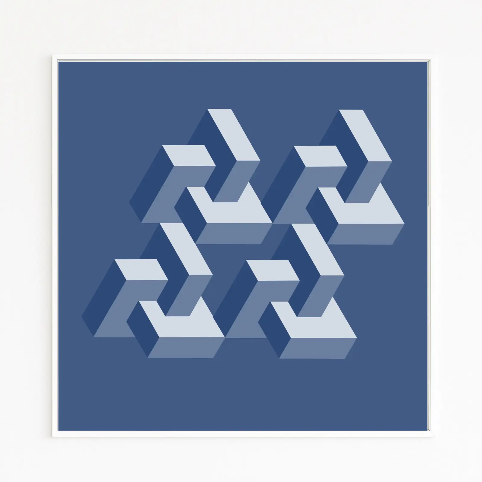 FLIEGENDE OBJEKTE mystisch im Raum schwebende geometrische 3D-Objekte | In Blautönen mit langen Schatten | Escher-Anmutung | Exklusives Fine-Art-Print auf edlem Hahnemühle, Alu-Dibond, weiß gerahmt mit Schattenfuge | Nur im Webshop zu bestellen