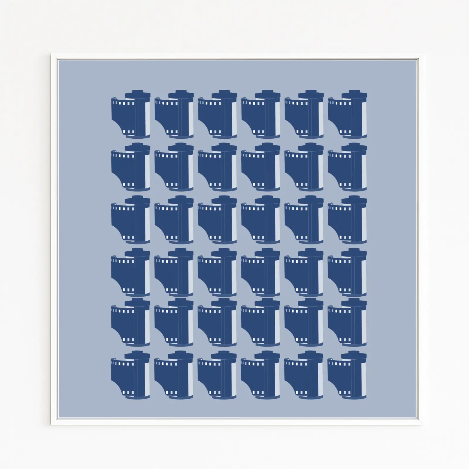 FILM | Blue Artwork | 25 iconic 35mm film cartridges in a 5×5 grid | Rich blue tones | a Kodak pop art homage to analog photography | Buy online directly from the artist