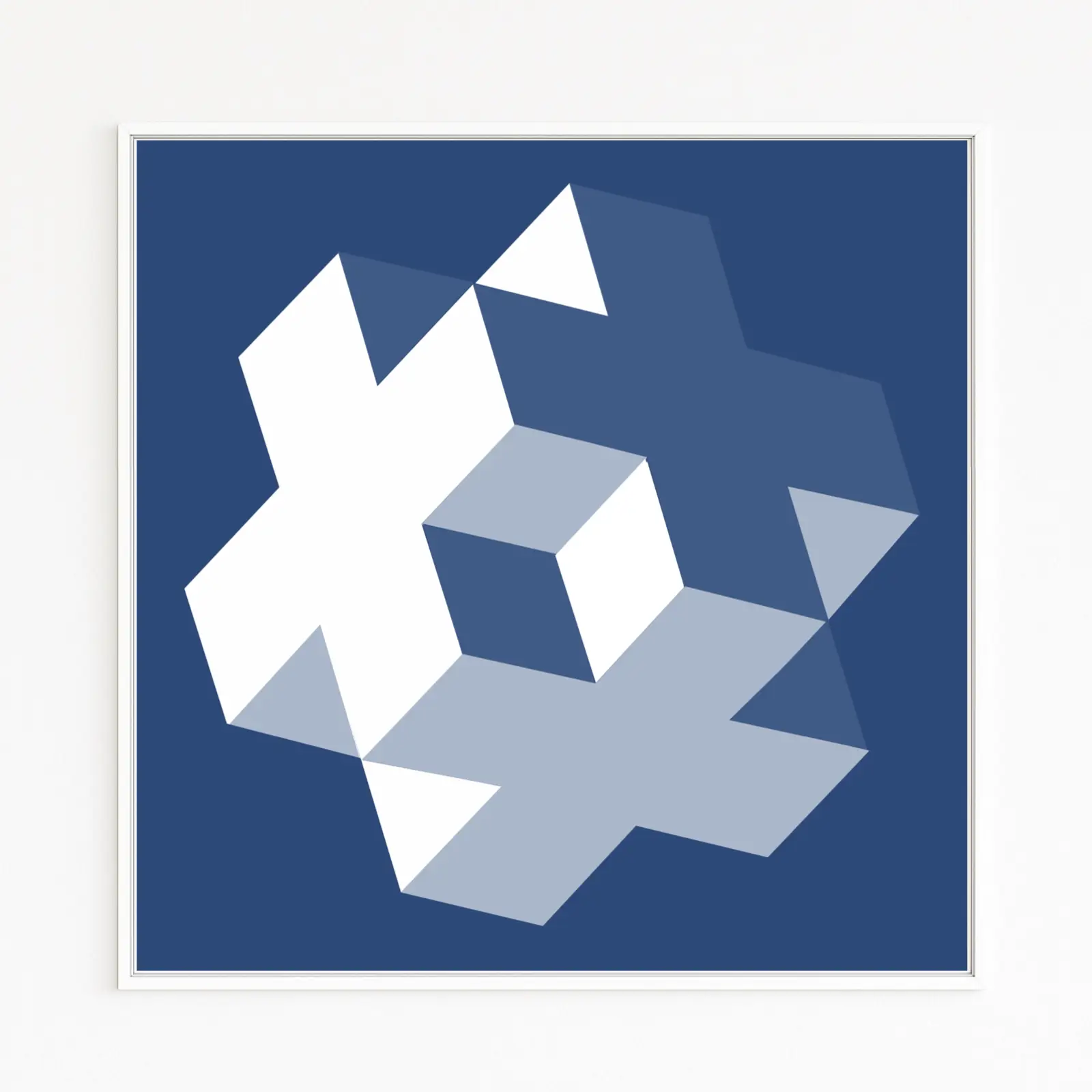 KREUZ | Zeigt ein weißes 3D-Kreuz auf tiefem Blau | Überlagert von blauen Flächen | Ein kippender, monumentaler Kubus erzeugt Rotation und Tiefe | Moderne, reduzierte, abstrakte, digitale Grafikdesign-Kunst KREUZ | Zeigt ein weißes 3D-Kreuz auf tiefem Blau | Überlagert von blauen Flächen | Ein kippender, monumentaler Kubus erzeugt Rotation und Tiefe | Moderne, reduzierte, abstrakte, digitale Grafikdesign-Kunst