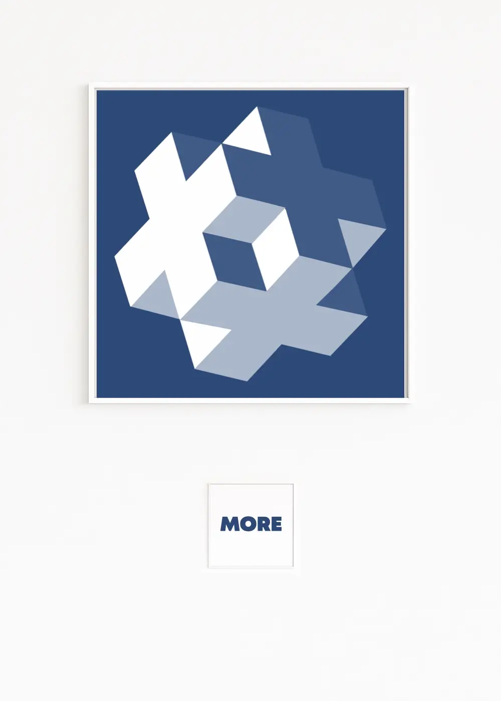 KREUZ | Zeigt ein weißes 3D-Kreuz auf tiefem Blau | Überlagert von blauen Flächen | Ein kippender, monumentaler Kubus erzeugt Rotation und Tiefe | Moderne, reduzierte, abstrakte, digitale Grafikdesign-Kunst