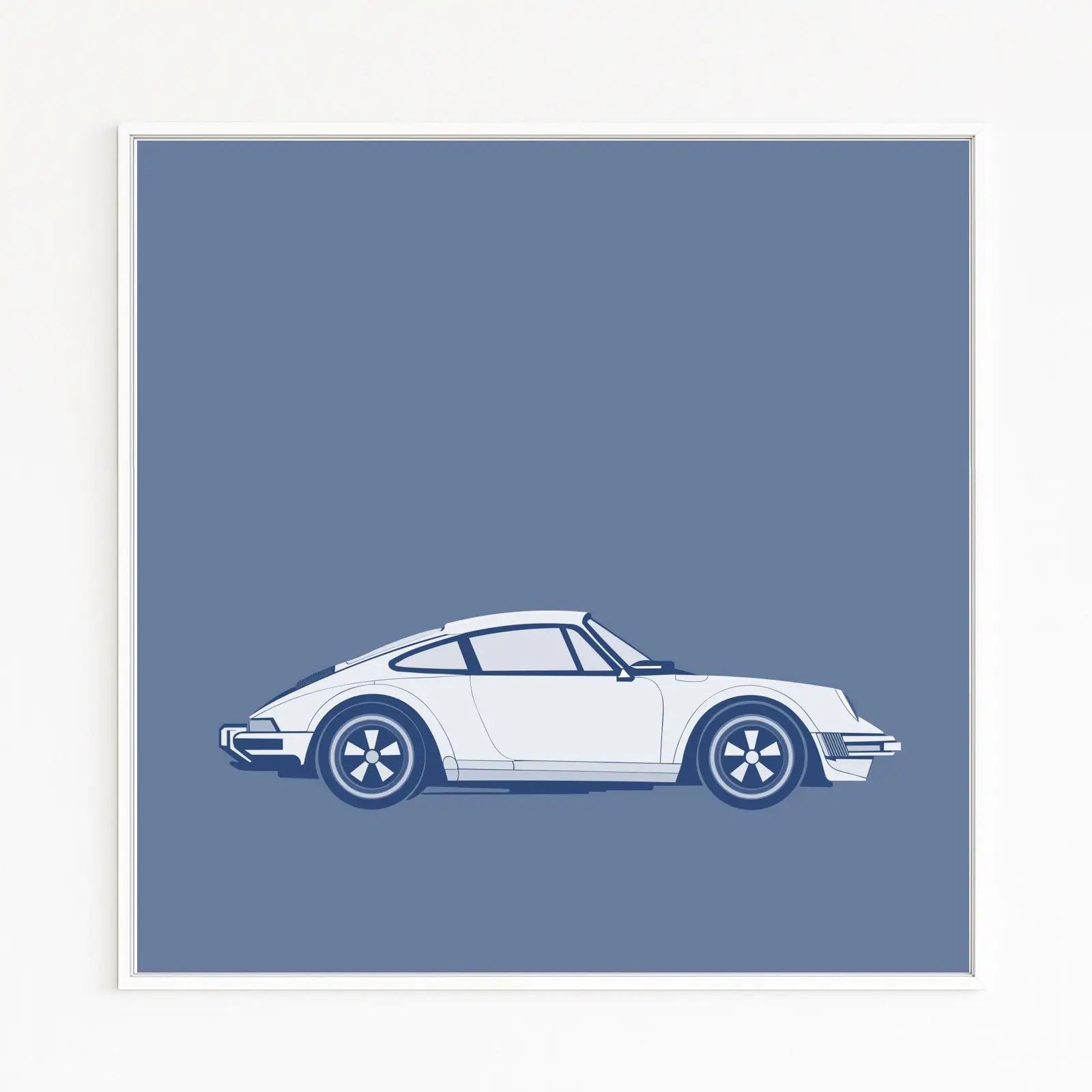 911 | The artwork and illustrations show the precise side view of a classic Porsche 911 Carrera in cool blue tones | The icon as a fastback silhouette, pronounced wheel arches, and Fuchs wheels | The last air-cooled design classic