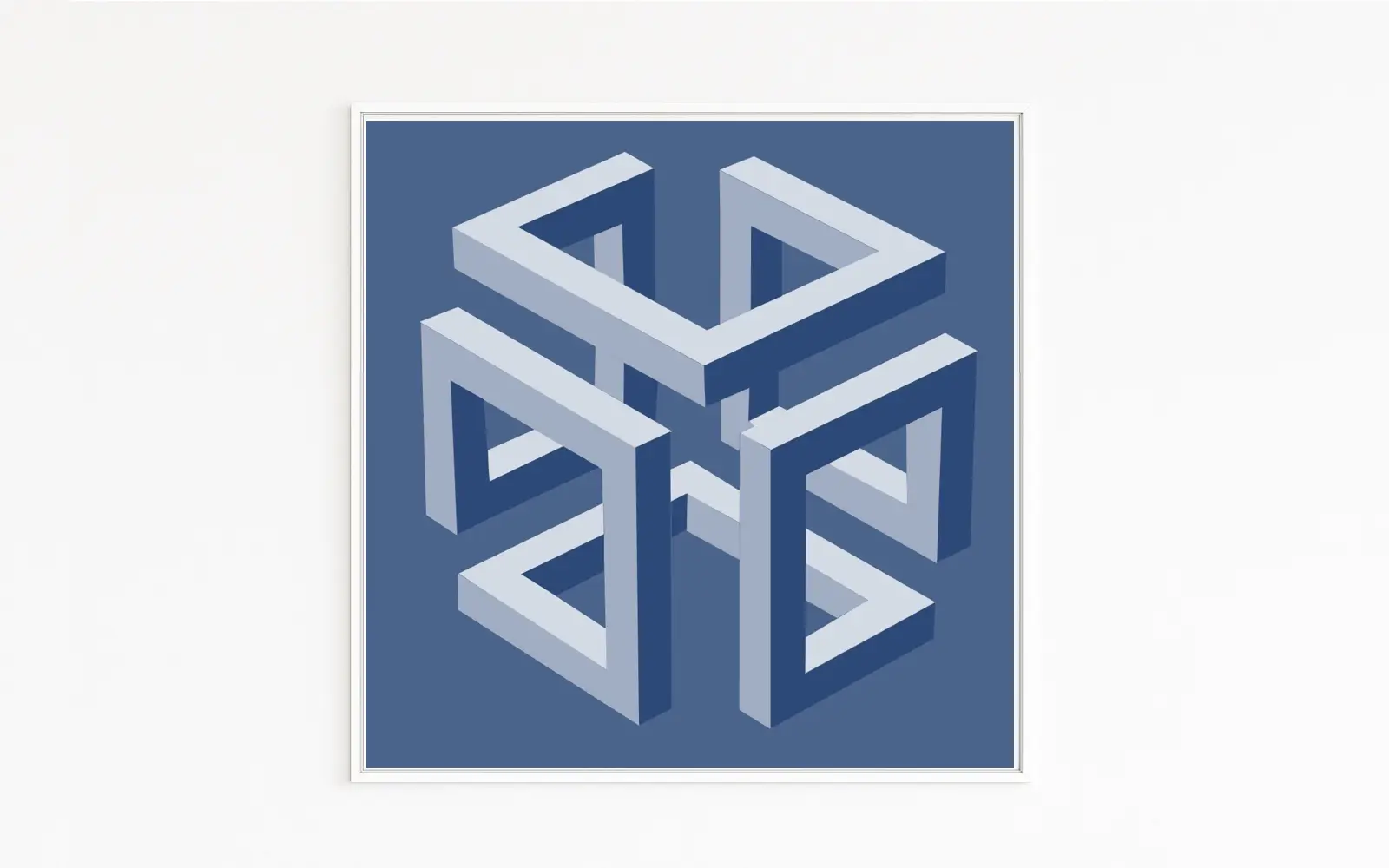 CAGE | Vier verschränkte Penrose-Rahmen als schwebendes kubisches Gitter in Blautönen | Licht-Schatten-Kontrast | Optische Paradoxie | Fine-Art-Print auf Hahnemühle, Alu-Dibond, weiß gerahmt mit Schattenfuge | Nur im Art Store zu bestellen