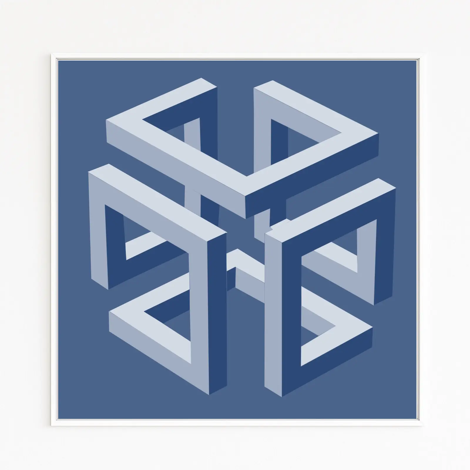 CAGE | Four interlocked Penrose frames forming a floating cubic grid in blue tones | Light–shadow contrast | Optical paradox | Fine art print on Hahnemühle, Alu-Dibond, white frame with shadow gap | Available exclusively in the Art Store