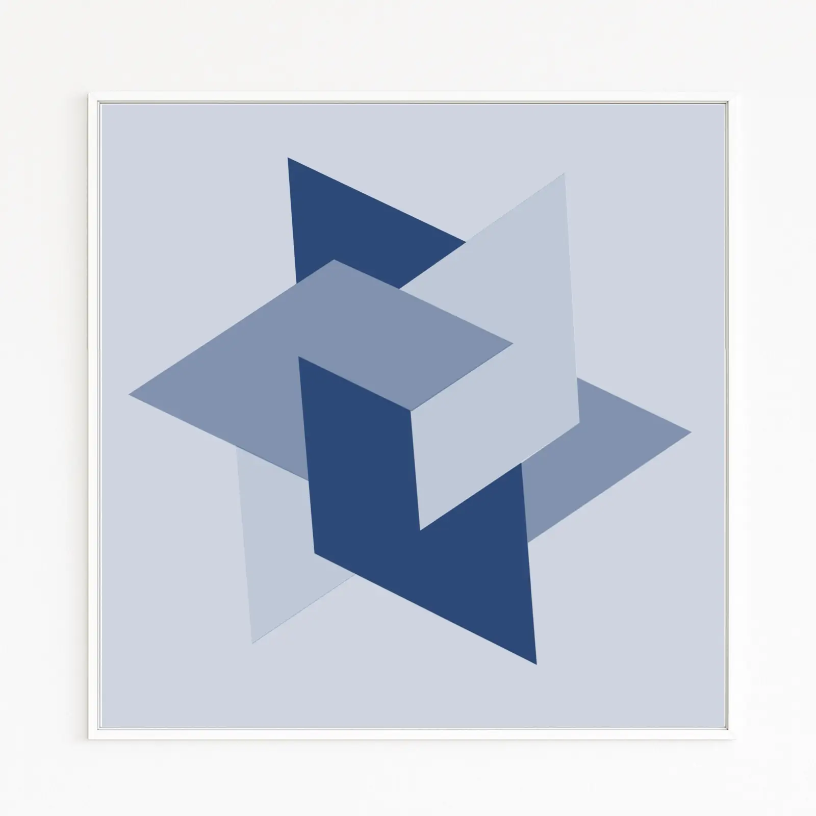 304-level-freely-floating-object-abstract-geometric-planes-interlocking-graphic-design-3d-depth-art-square-blue-online-only-orde-content-small LEVEL | Zeigt ineinandergesteckte, überlagerte geometrische Flächen in Blautönen | Frei schwebend im Raum | Abstraktes 3D-Grafikdesign | Symbol für Fortschritt und neue Ebenen | Hochwertig gerahmter Kunstdruck | Direkt online vom Künstler kaufen