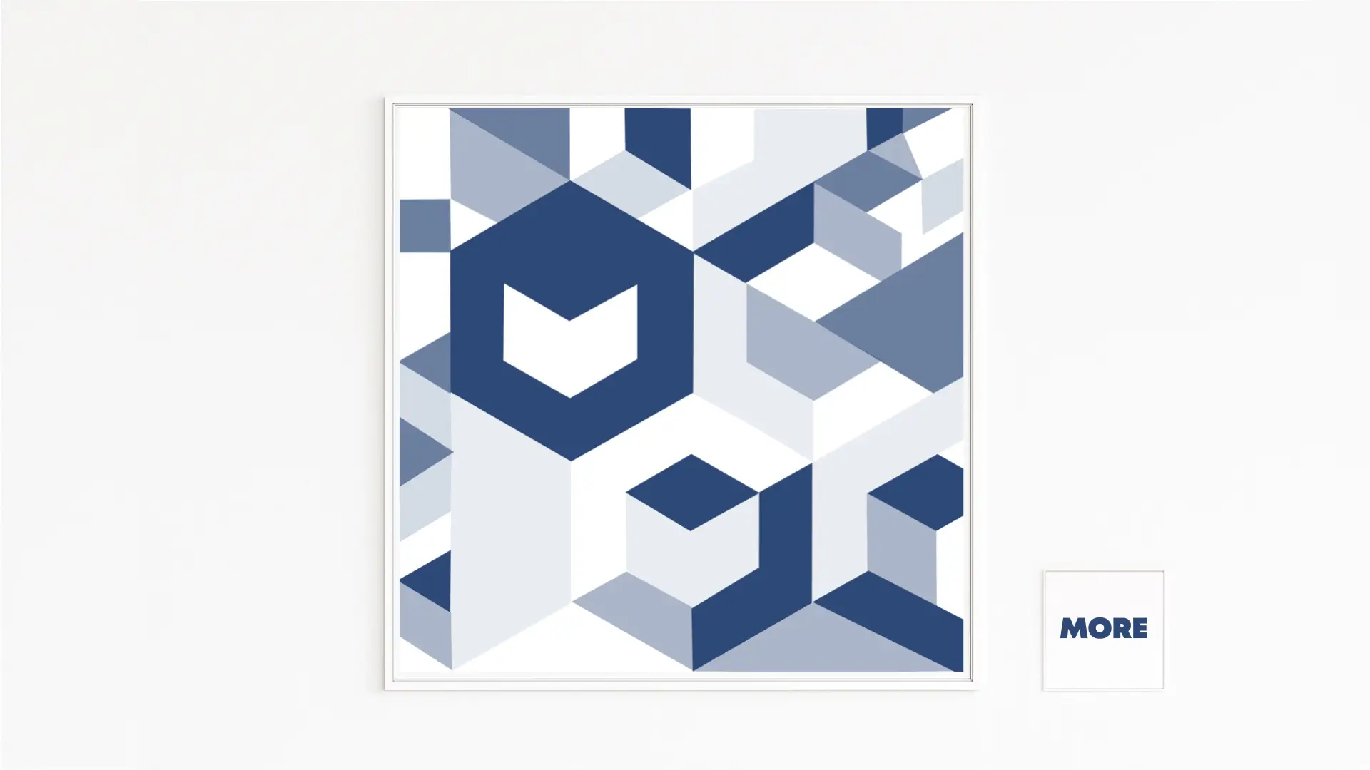 RAUM. Das blaue Kunstwerk für Sammler zeitgenössischer Kunst ordnet gestaffelte Kuben und offenen Negativraum zu einem isometrischen Gefüge. Blaue Kunst als Ausdruck von Ruhe und Klarheit. Nur online zu sehen.