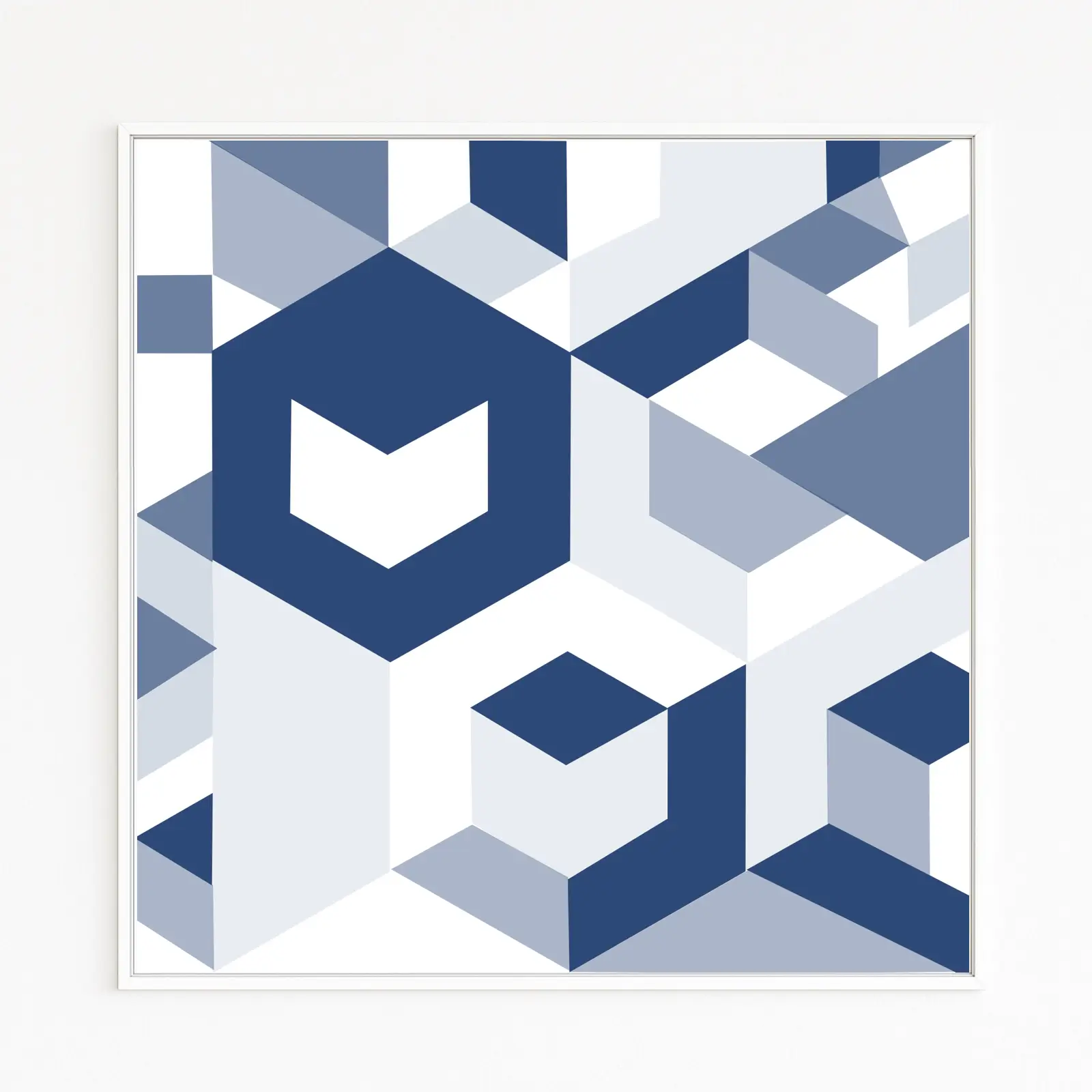 RAUM. Das blaue Kunstwerk für Sammler zeitgenössischer Kunst ordnet gestaffelte Kuben und offenen Negativraum zu einem isometrischen Gefüge. Blaue Kunst als Ausdruck von Ruhe und Klarheit. Nur online zu sehen.