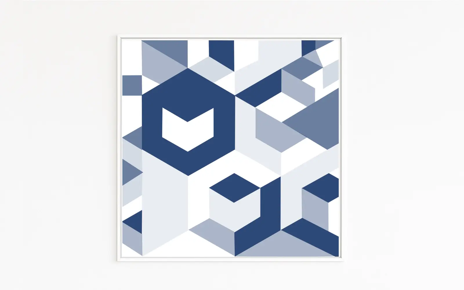 ROOM. This blue artwork for collectors of contemporary art arranges staggered cubes and open negative space into an isometric structure. Blue art as an expression of calm and clarity. Available exclusively online.