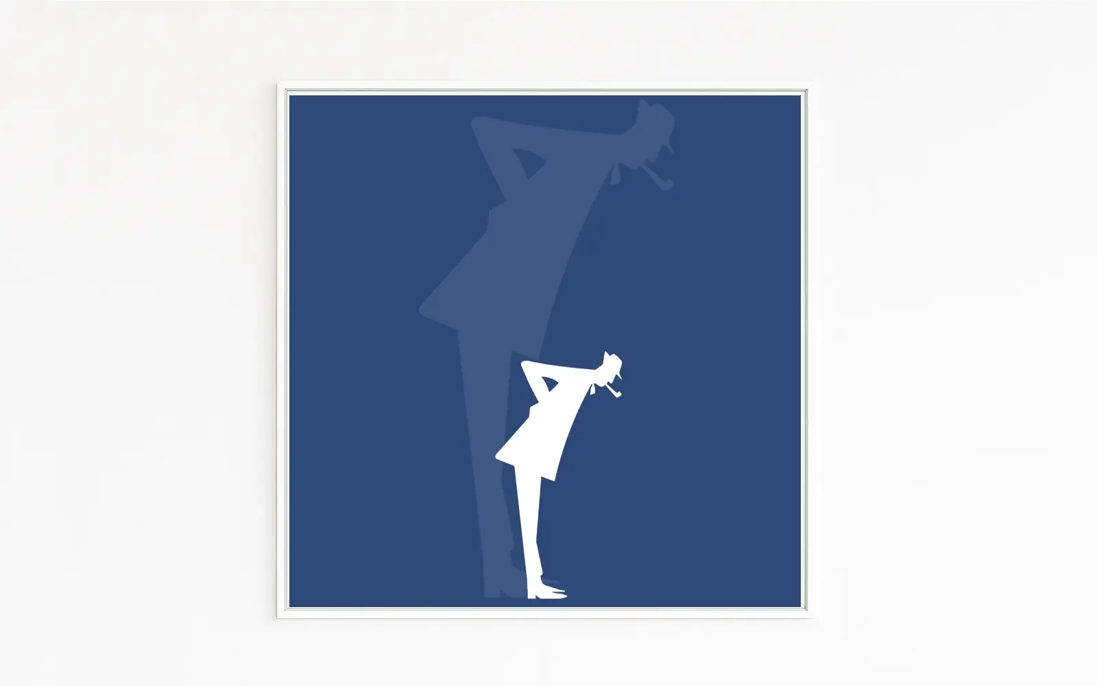 TATI | White silhouette with pipe and tilted gaze on a deep-blue background | Jacques Tati | Actor and director | France, Mon Oncle | Large blue cast shadow | Art series Positive Memory Culture | Online only