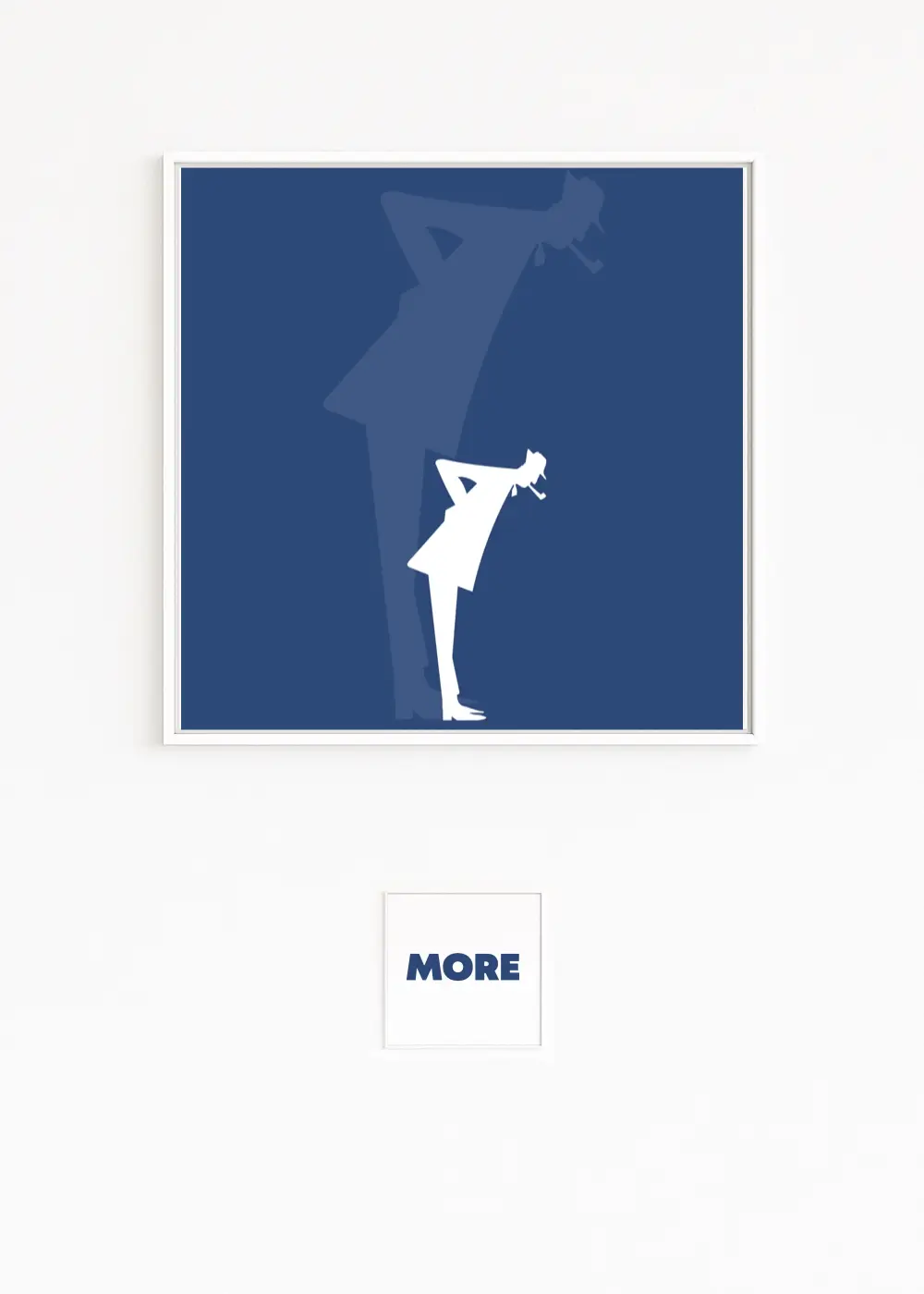 TATI | White silhouette with pipe and tilted gaze on a deep-blue background | Jacques Tati | Actor and director | France, Mon Oncle | Large blue cast shadow | Art series Positive Memory Culture | Online only
