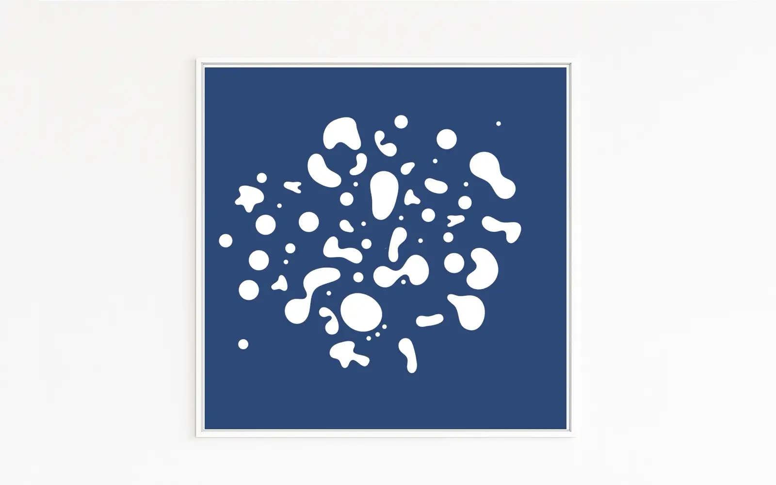 DROPS White, organic drops | splashes on a deep blue background, minimalist and graphic; fine art print on Hahnemühle paper, mounted on Alu-Dibond, white shadow-gap frame.